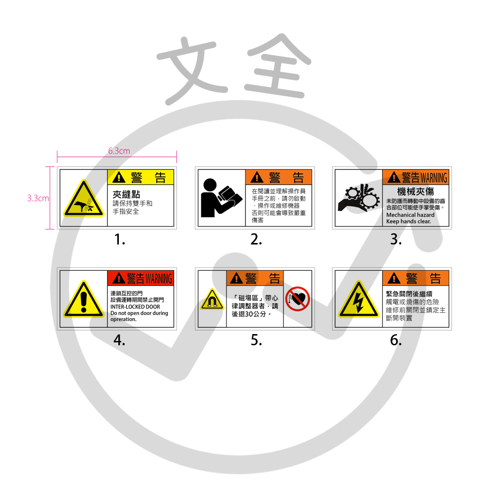 警告貼紙-夾縫小心 / 理解啟動 / 機械夾傷 / 運轉時禁止開門 / 磁場區 / 維修前斷電關閉